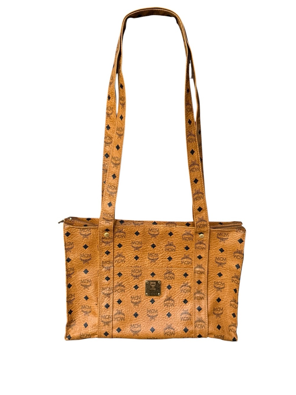MCM Cognac Logo Visetos Long-Strap Shoulder Tote
